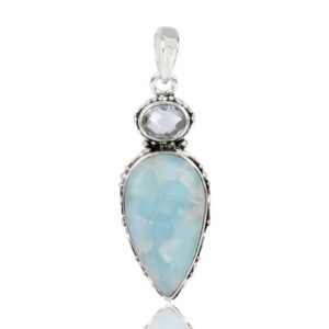 Larimar and Crystal Quartz sterling silver pendant with intricate craftsmanship main view