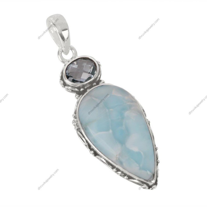Larimar and Crystal Quartz sterling silver pendant with intricate craftsmanship view1