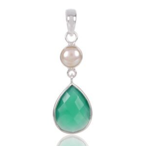 Sterling silver green onyx and pearl pendant with teardrop gemstone design main view