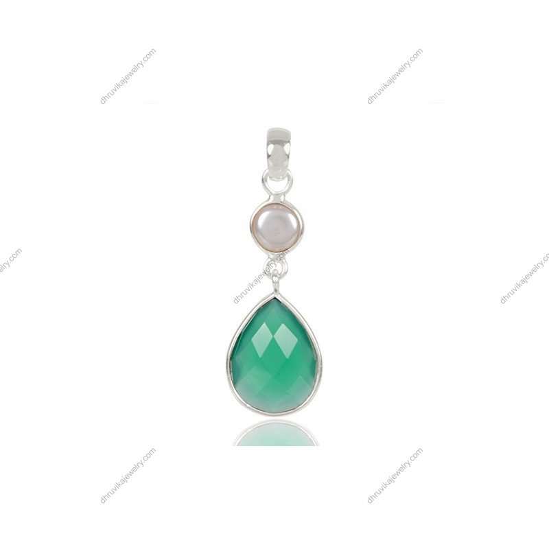 Sterling silver green onyx and pearl pendant with teardrop gemstone design alternate image