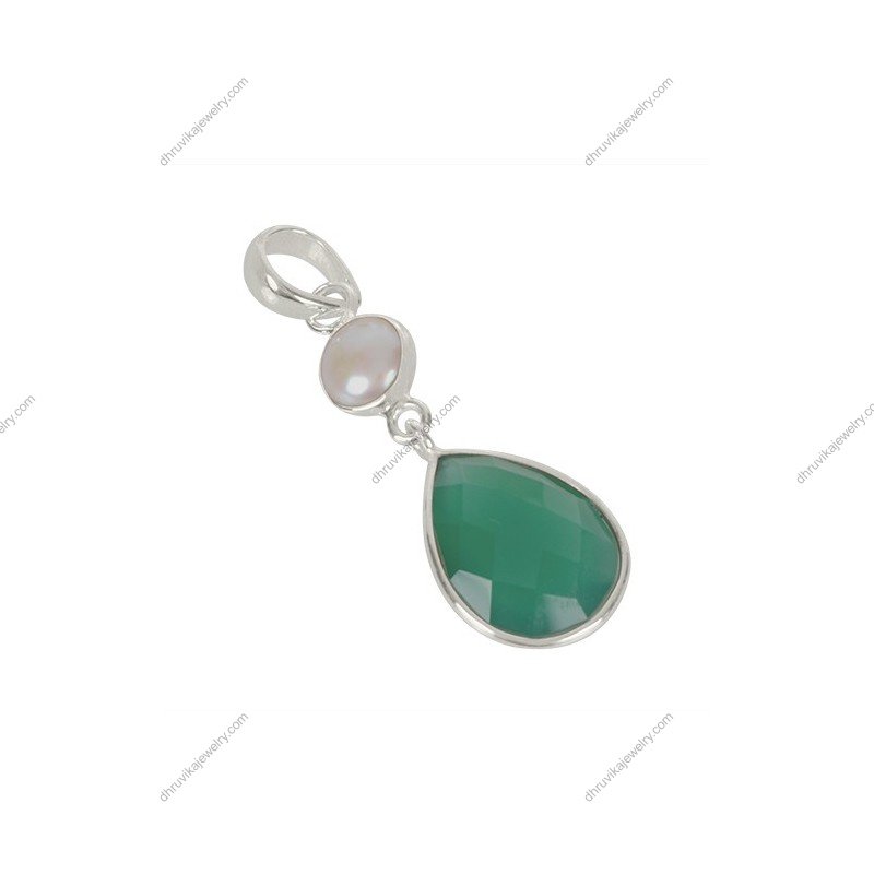Sterling silver green onyx and pearl pendant with teardrop gemstone design view1