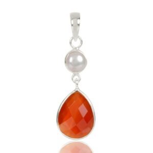 Sterling silver carnelian and pearl pendant with faceted orange gemstone and freshwater pearl main view