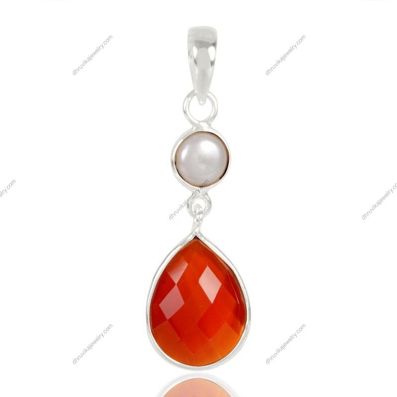 Sterling silver carnelian and pearl pendant with faceted orange gemstone and freshwater pearl alternate image