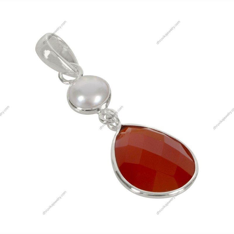 Sterling silver carnelian and pearl pendant with faceted orange gemstone and freshwater pearl view1