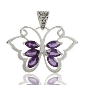 Sterling silver amethyst butterfly pendant with intricate design and gemstone accents main view