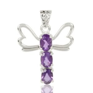 Sterling silver amethyst dragonfly pendant with oval-cut gemstones and delicate silver wings. main view