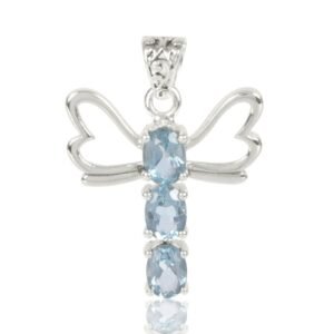 Sterling silver blue topaz dragonfly pendant with intricate wings and oval-cut gemstones main view