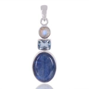 Sterling silver kyanite, blue topaz, and moonstone pendant with a handcrafted design main view