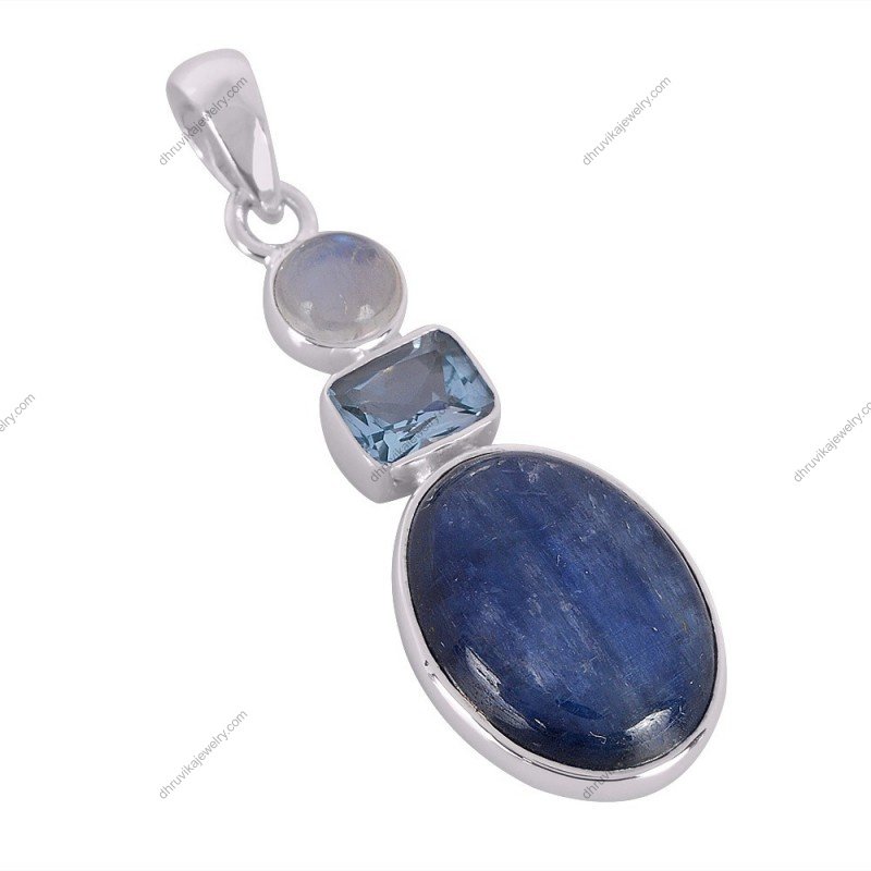 Sterling silver kyanite, blue topaz, and moonstone pendant with a handcrafted design alternate image