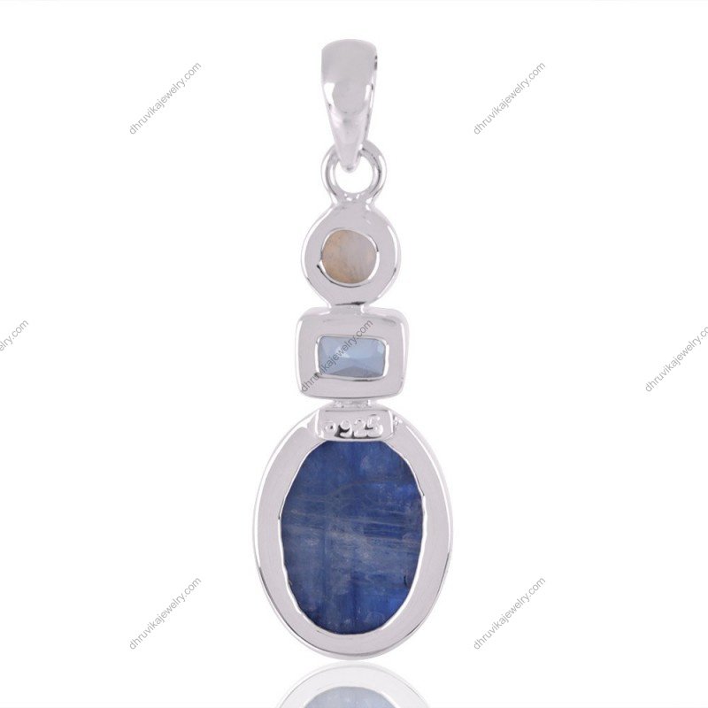 Sterling silver kyanite, blue topaz, and moonstone pendant with a handcrafted design view1