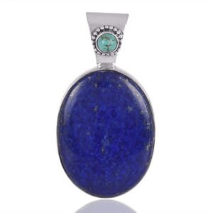 Sterling silver lapis lazuli pendant with turquoise accent, handcrafted gemstone jewelry main view