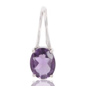 Sterling silver amethyst pendant with faceted oval gemstone in prong setting main view