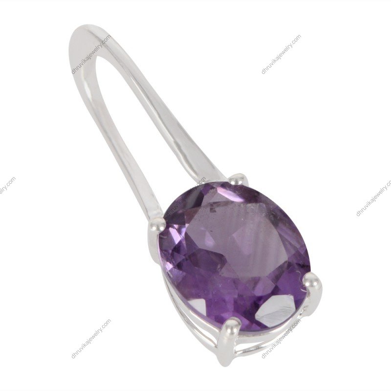 Sterling silver amethyst pendant with faceted oval gemstone in prong setting alternate image