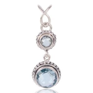 Silver blue topaz pendant with vintage-inspired silver detailing and faceted gemstones main view