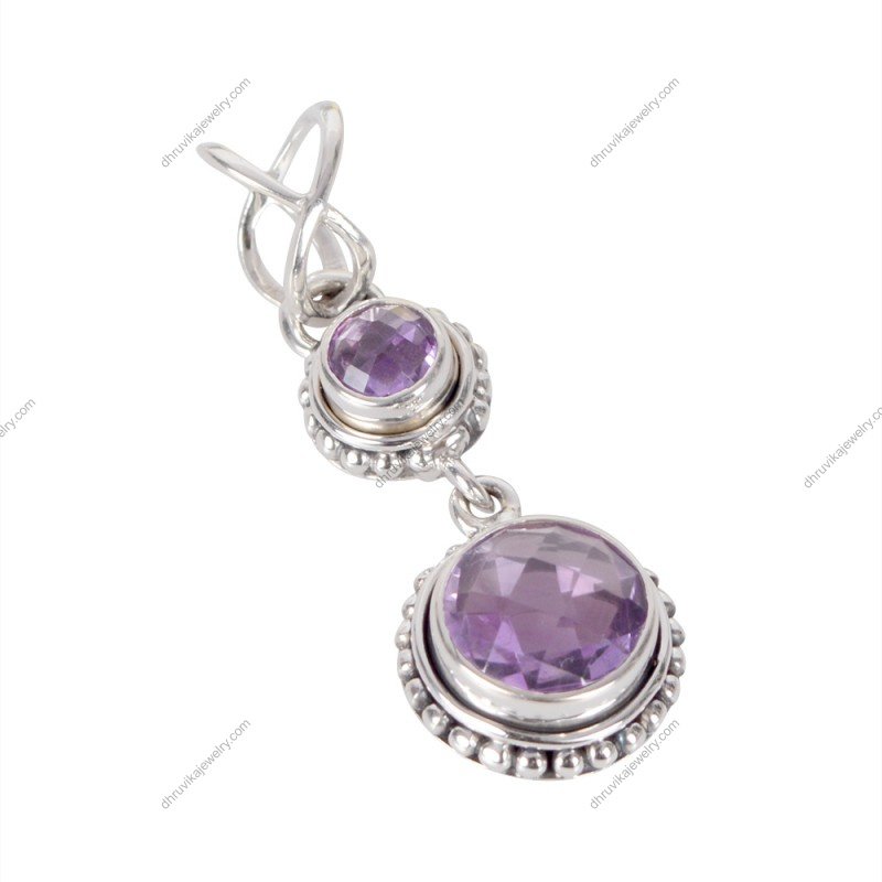 Sterling silver amethyst pendant with two faceted purple gemstones in an elegant design alternate image