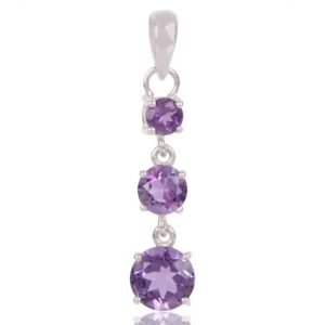 Sterling silver amethyst pendant with three cascading gemstones in elegant drop design main view