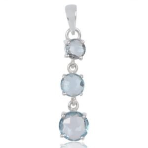 Sterling silver blue topaz pendant with three round gemstones in an elegant design main view