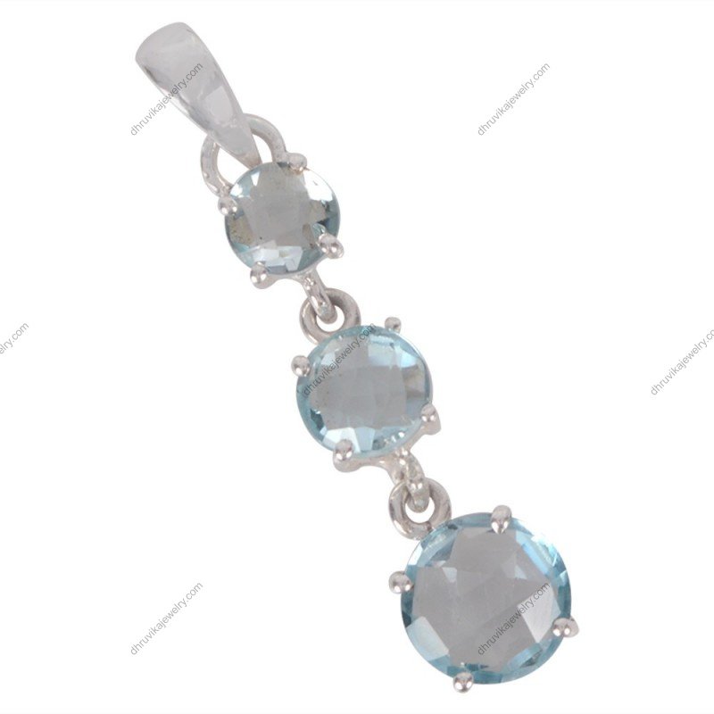 Sterling silver blue topaz pendant with three round gemstones in an elegant design alternate image