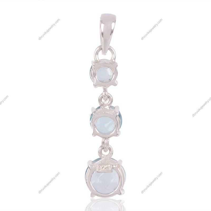 Sterling silver blue topaz pendant with three round gemstones in an elegant design view1