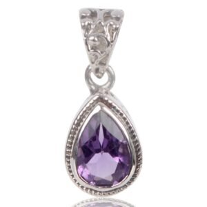 Sterling silver amethyst teardrop pendant with handcrafted details main view