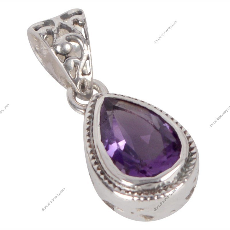 Sterling silver amethyst teardrop pendant with handcrafted details alternate image