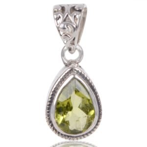 Elegant peridot teardrop pendant in sterling silver with intricate details main view