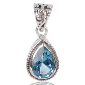 Sterling silver blue topaz teardrop pendant with intricate filigree bail main view