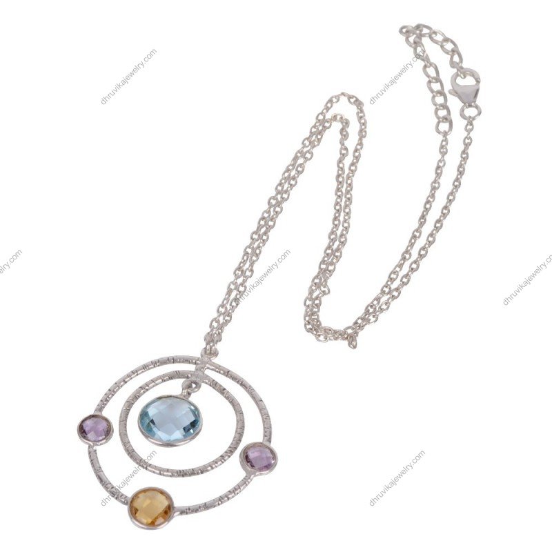 Sterling silver orbit pendant necklace with gemstones, featuring blue topaz, amethyst, and citrine. view1