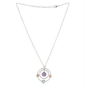 Sterling silver multi-gemstone orbit pendant necklace featuring amethyst, blue topaz, and citrine on a delicate silver chain. main view