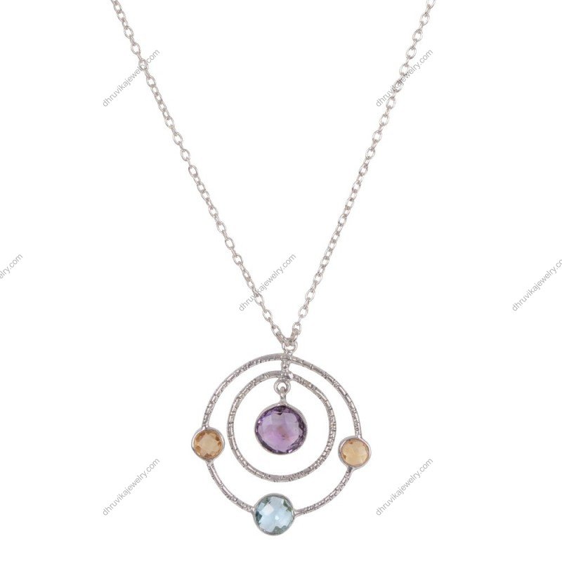 Sterling silver multi-gemstone orbit pendant necklace featuring amethyst, blue topaz, and citrine on a delicate silver chain. alternate image