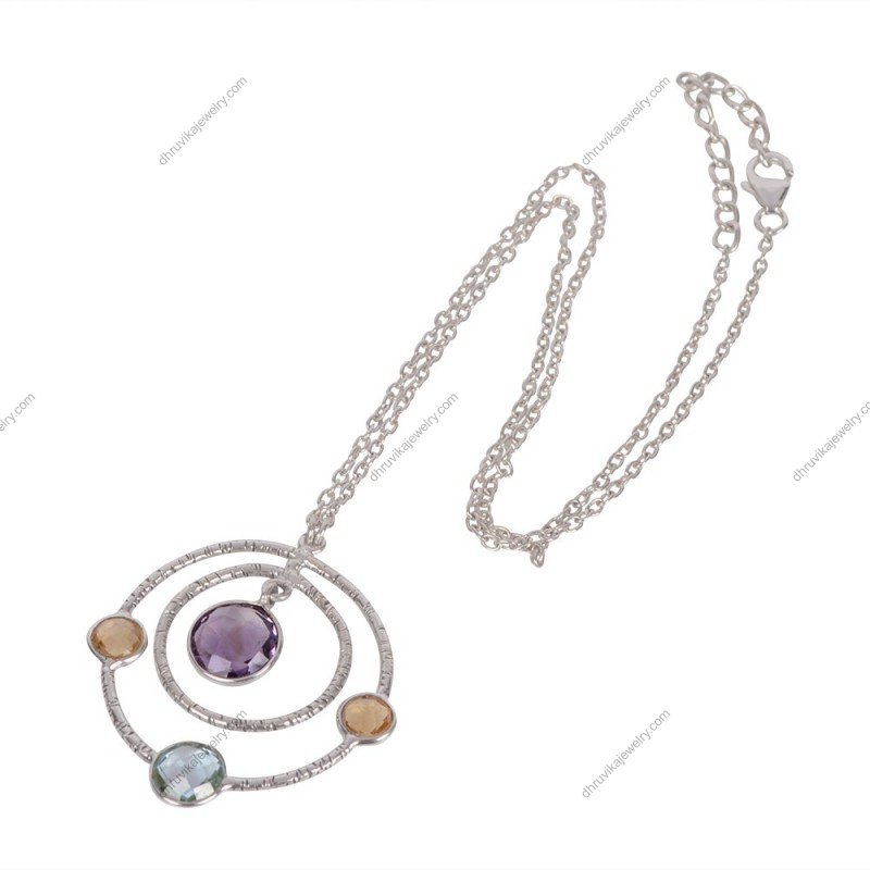 Sterling silver multi-gemstone orbit pendant necklace featuring amethyst, blue topaz, and citrine on a delicate silver chain. view1