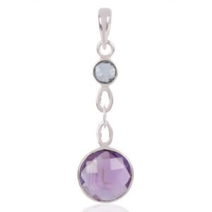 Sterling silver amethyst and blue topaz pendant with a modern, elegant design main view