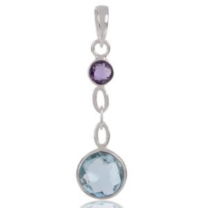 Sterling silver amethyst and blue topaz dangle pendant with elegant silver links main view