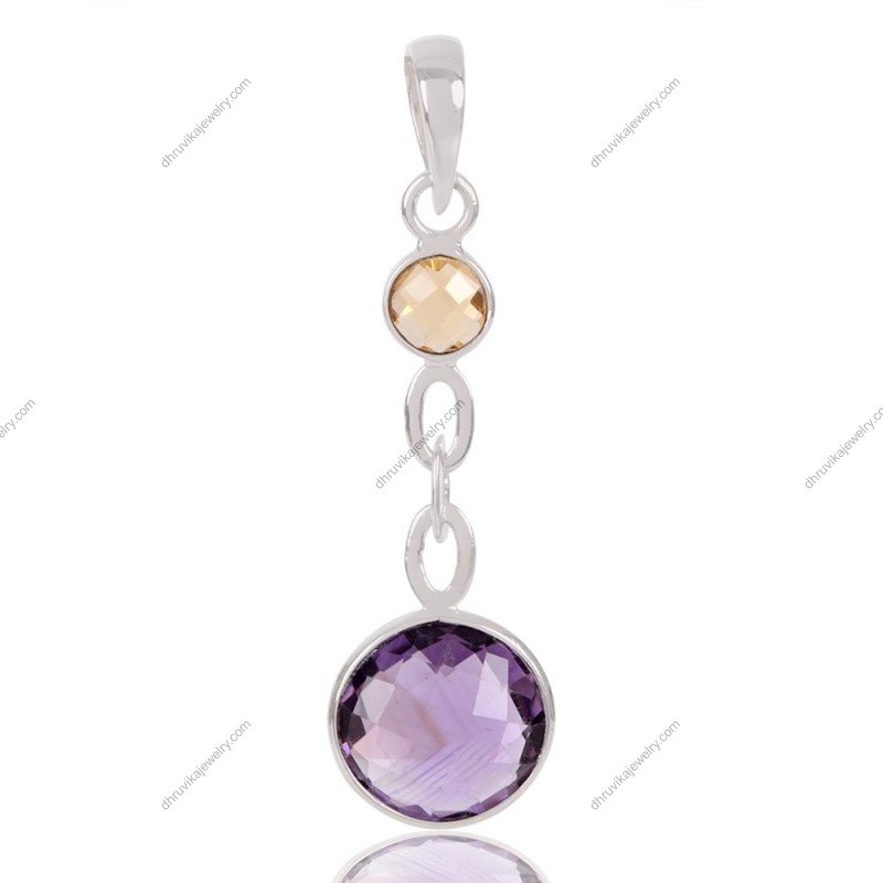 Sterling silver pendant with amethyst and citrine gemstones, elegant jewelry piece view1
