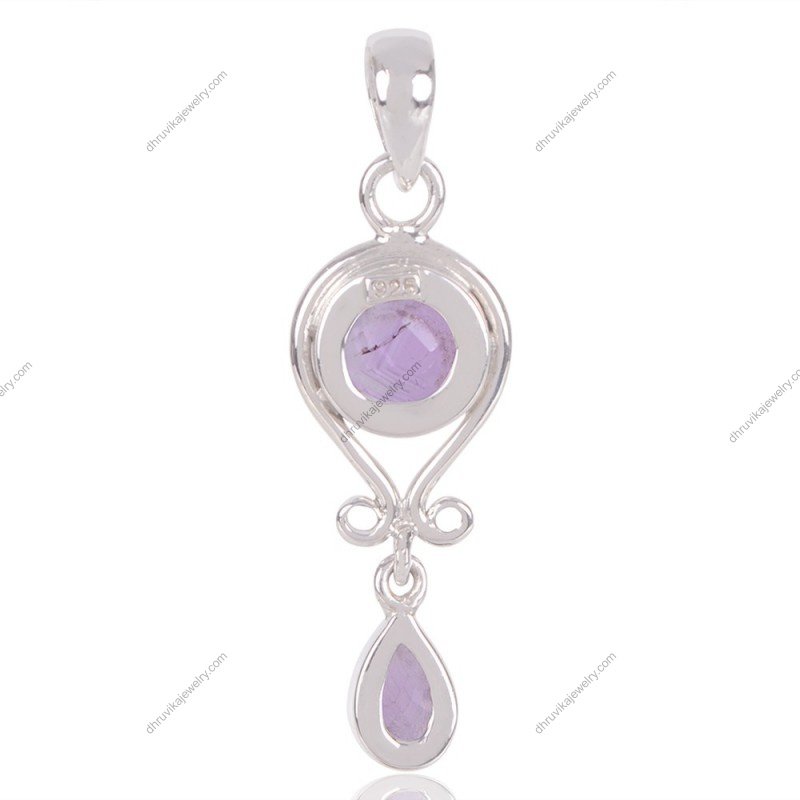 Handcrafted amethyst sterling silver pendant with round and teardrop gemstones view1