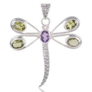 Sterling silver dragonfly pendant with amethyst and peridot gemstones, handcrafted jewelry main view