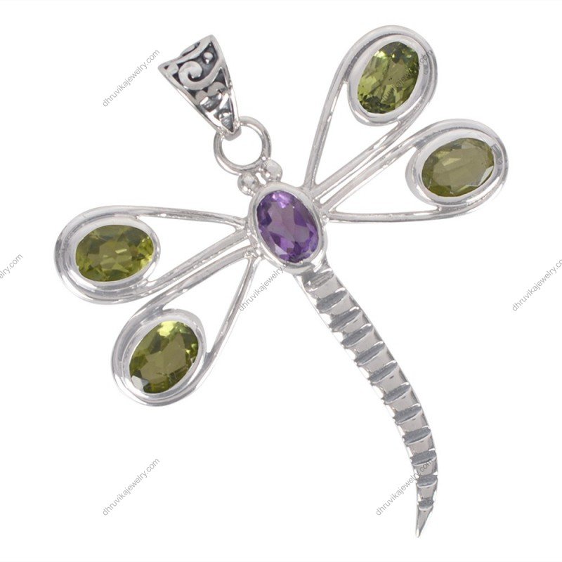 Sterling silver dragonfly pendant with amethyst and peridot gemstones, handcrafted jewelry alternate image