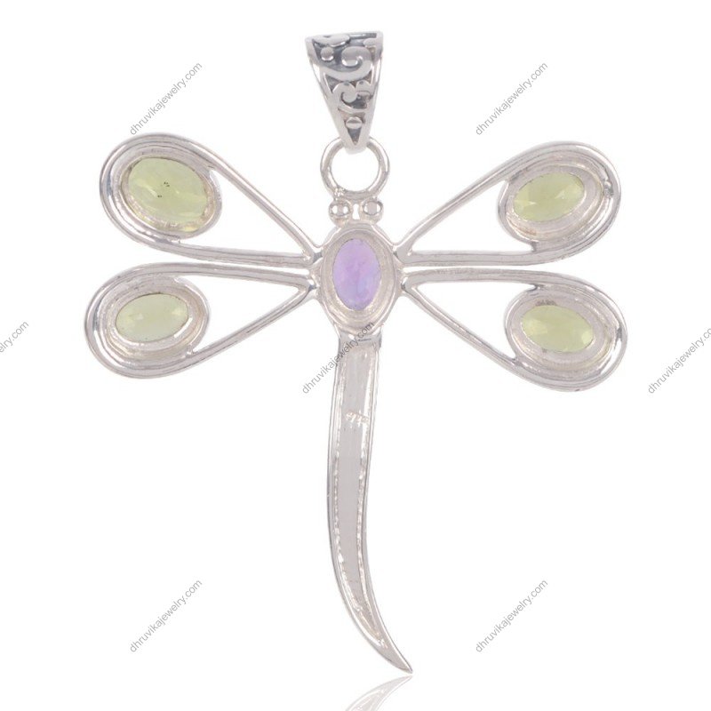 Sterling silver dragonfly pendant with amethyst and peridot gemstones, handcrafted jewelry view1