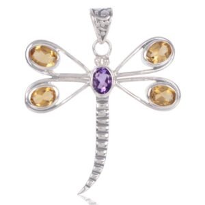 Sterling silver dragonfly pendant with citrine and amethyst gemstones, nature-inspired jewelry main view