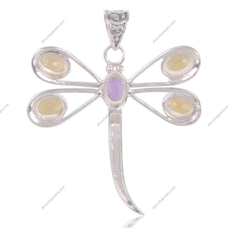 Sterling silver dragonfly pendant with citrine and amethyst gemstones, nature-inspired jewelry view1
