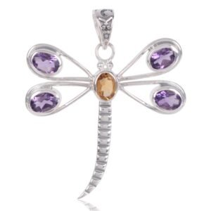 Sterling silver dragonfly pendant with amethyst and citrine gemstones, symbolic nature-inspired jewelry. main view