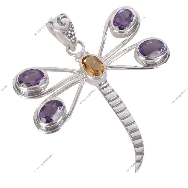 Sterling silver dragonfly pendant with amethyst and citrine gemstones, symbolic nature-inspired jewelry. alternate image