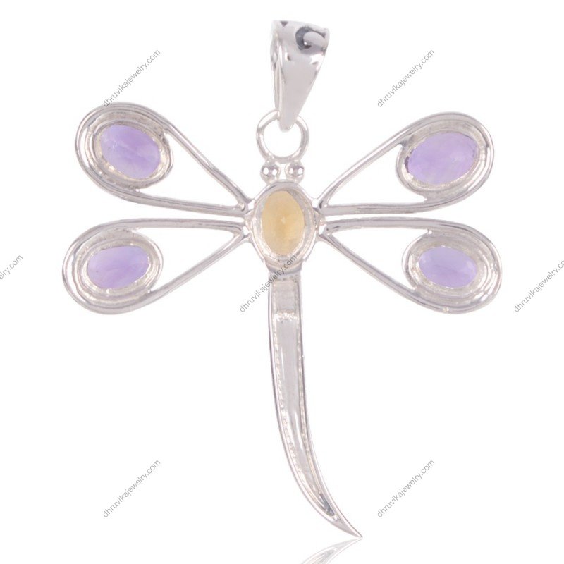 Sterling silver dragonfly pendant with amethyst and citrine gemstones, symbolic nature-inspired jewelry. view1