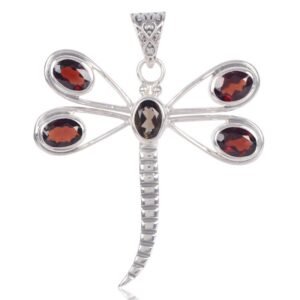 Garnet & smoky quartz dragonfly pendant in sterling silver with intricate detailing main view