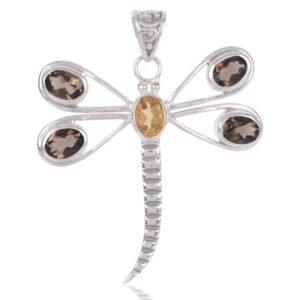 Sterling silver dragonfly pendant with citrine and smoky quartz gemstones main view