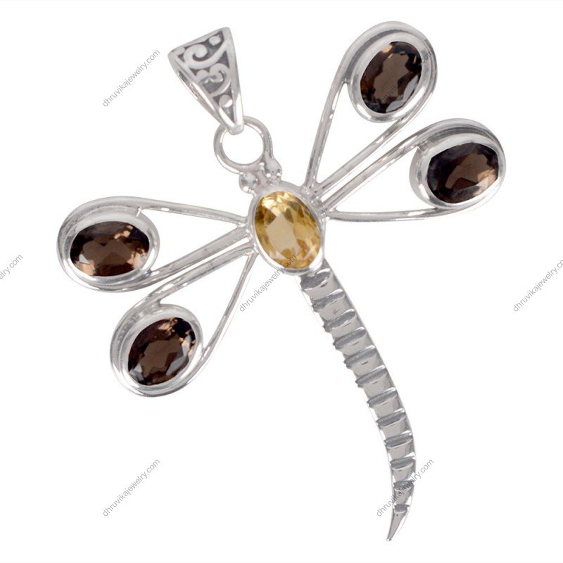 Sterling silver dragonfly pendant with citrine and smoky quartz gemstones alternate image