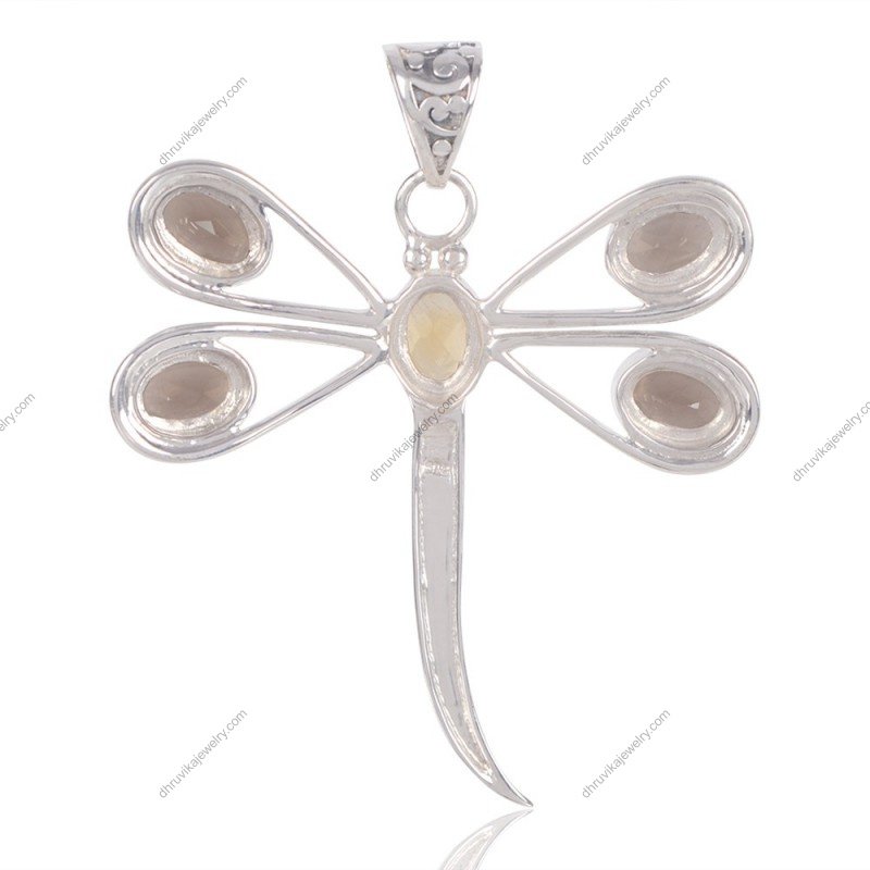 Sterling silver dragonfly pendant with citrine and smoky quartz gemstones view1