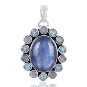 Sterling silver kyanite pendant with blue topaz and labradorite accents, handcrafted elegant gemstone jewelry main view