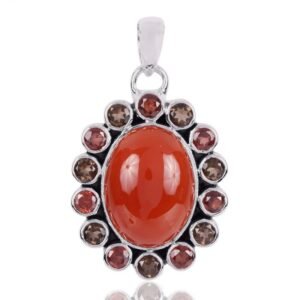 Sterling silver carnelian pendant with garnet and smoky quartz accents main view