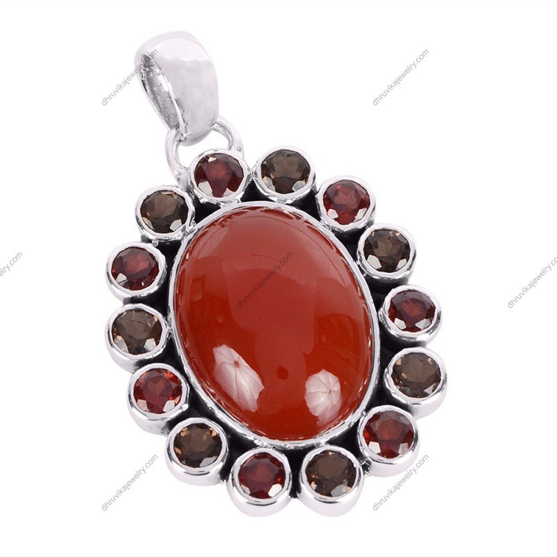 Sterling silver carnelian pendant with garnet and smoky quartz accents alternate image